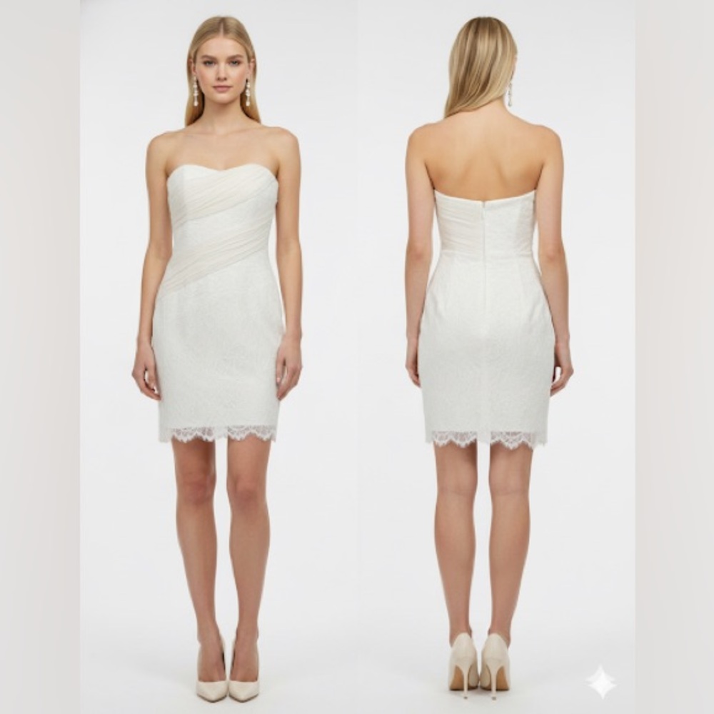 Bcbgmaxazria strapless off white lace and chiffon mini dress